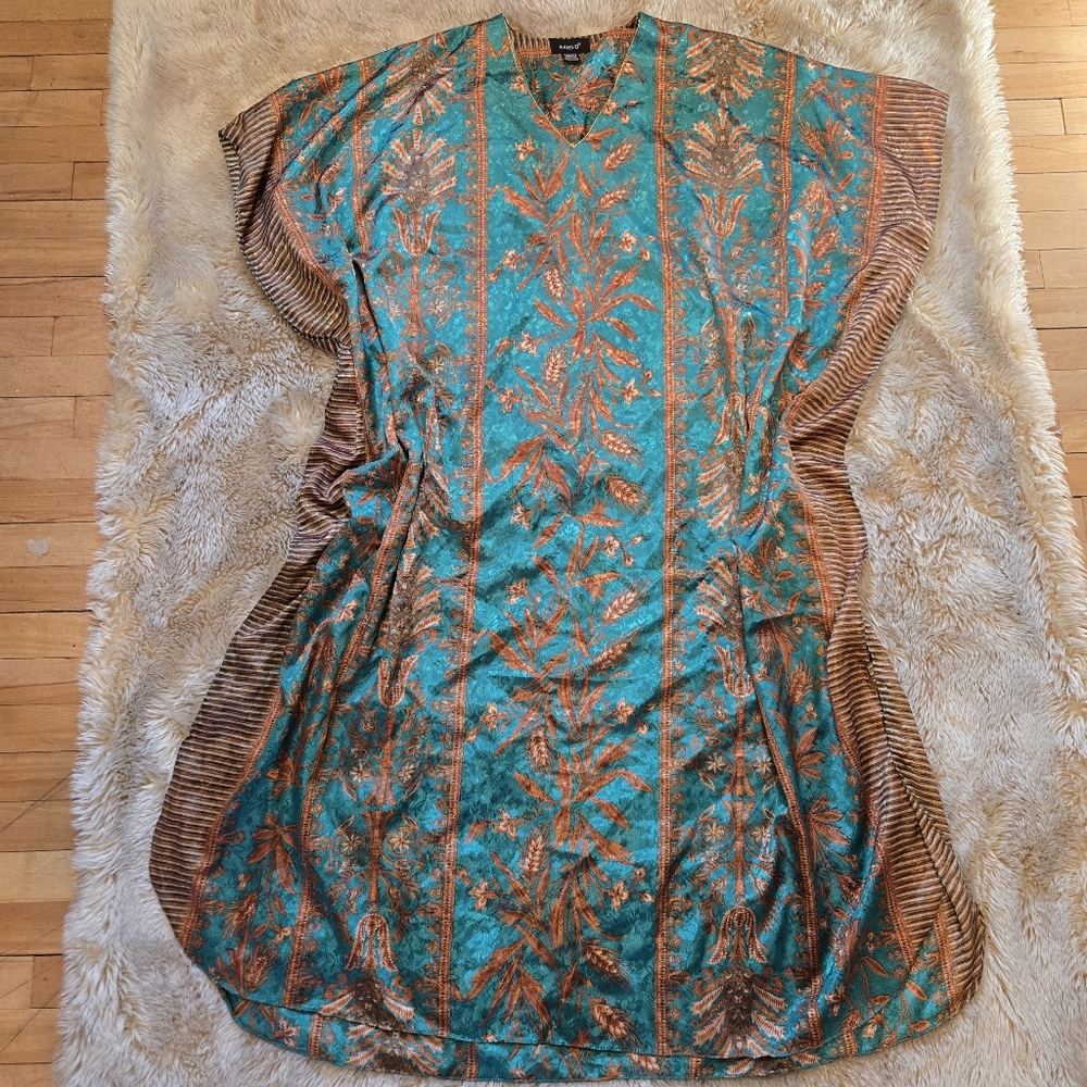 Ashro Teal Copper Scroll Botanical Print Free Size Caftan Muumuu Kaftan